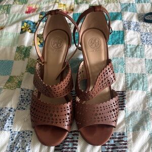 Tory Burch Brown Perforated Leather Ankle-Strap Sandals